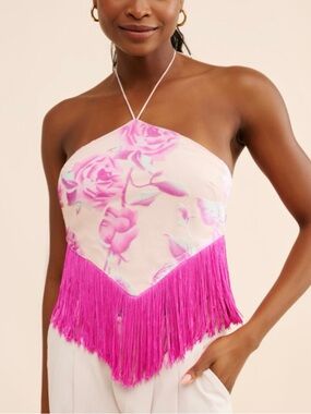 For Love And Lemons Pink Floral Fringe Halter Camisole